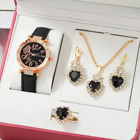 Women's Luxury Watch Set – Rhinestone Watch, Ring, Necklace & Earrings