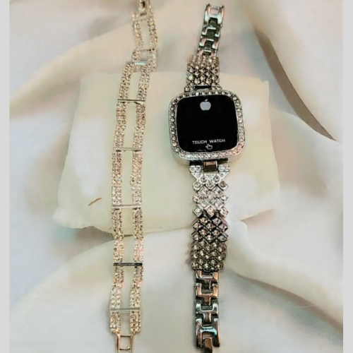 Silver Crystal Touch Watch & Rhinestone Bracelet Set
