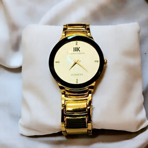 Gold and Black Quartz Wristwatch with Minimalist Dial Design