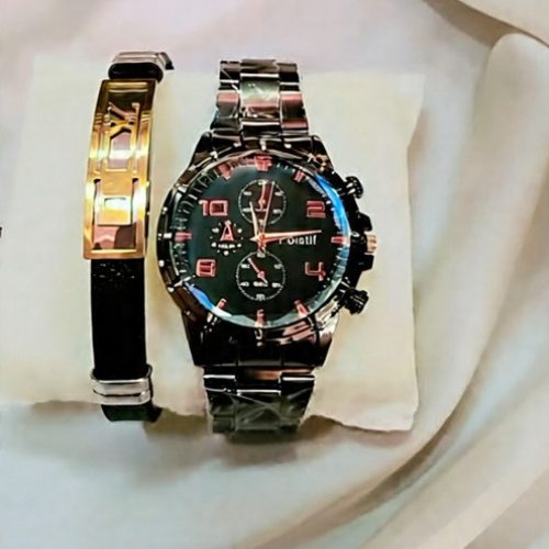 Men's Black Dial Chronograph Watch & Gold Accent Bracelet Set