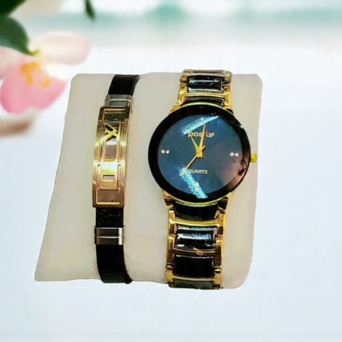 Luxury Black & Gold Quartz Watch with Matching Bracelet