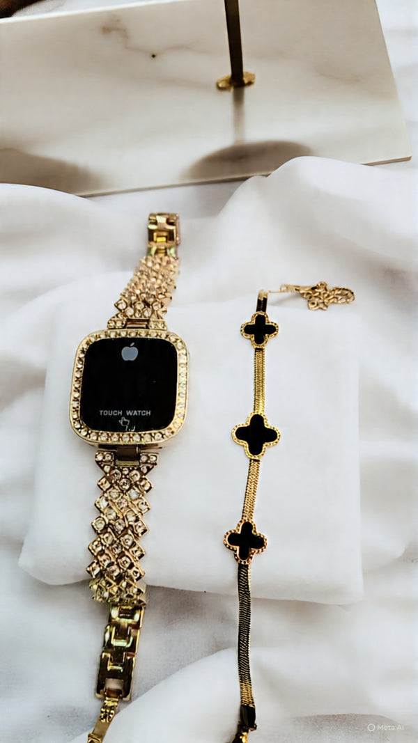 Luxury Gold Touch Watch & Black Clover Bracelet Set