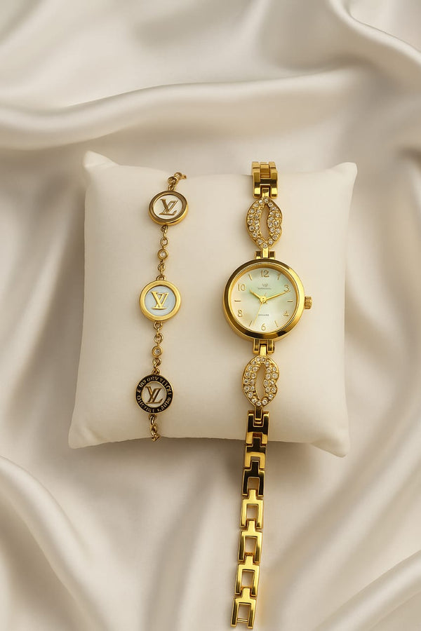 Luxury Gold Plated Ladies Watch & Designer Bracelet Set