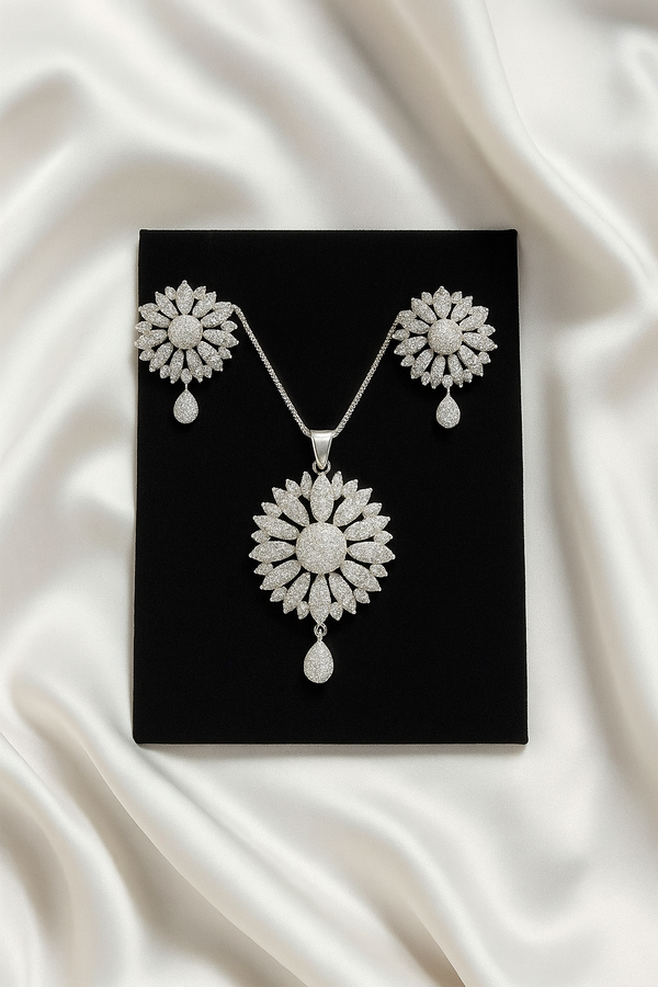 Silver Sunburst Jewelry Set with Pave Stones and Teardrop Accents