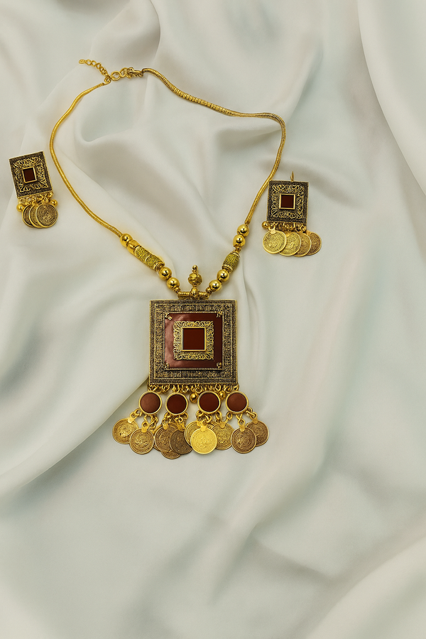 Traditional Boho Square Pendant Necklace & Earring Set with Coin Charms