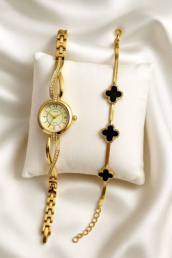 Elegant Gold-Plated Ladies Watch & Black Clover Bracelet Set