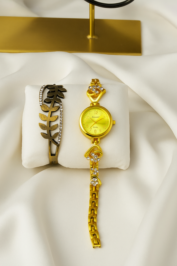 Gold Heart Ladies Watch & Stylish "Love" Bracelet Set