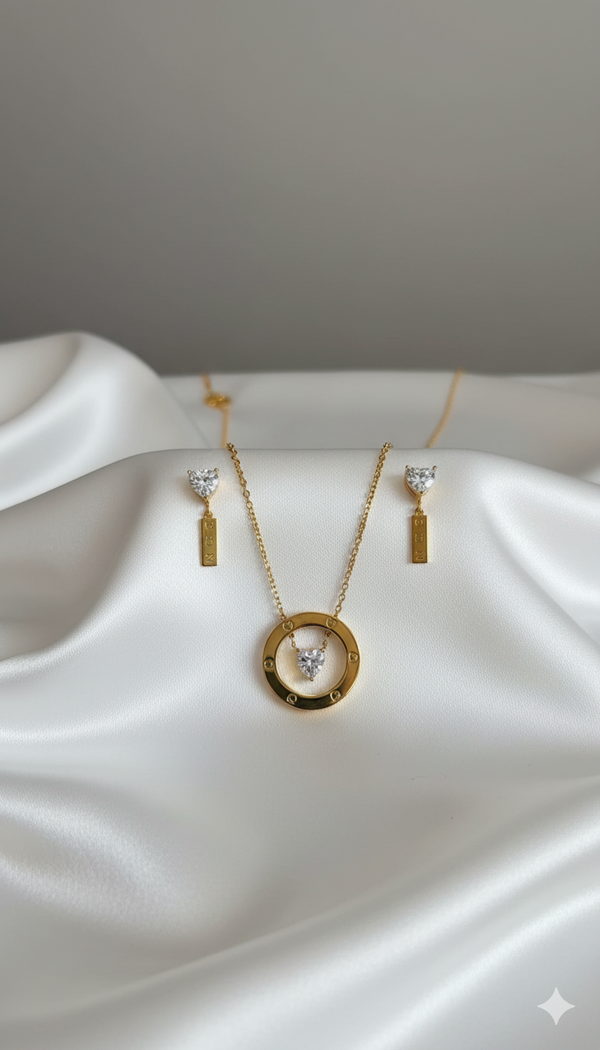 Elegant Gold Plated Heart Pendant Necklace & Earrings set