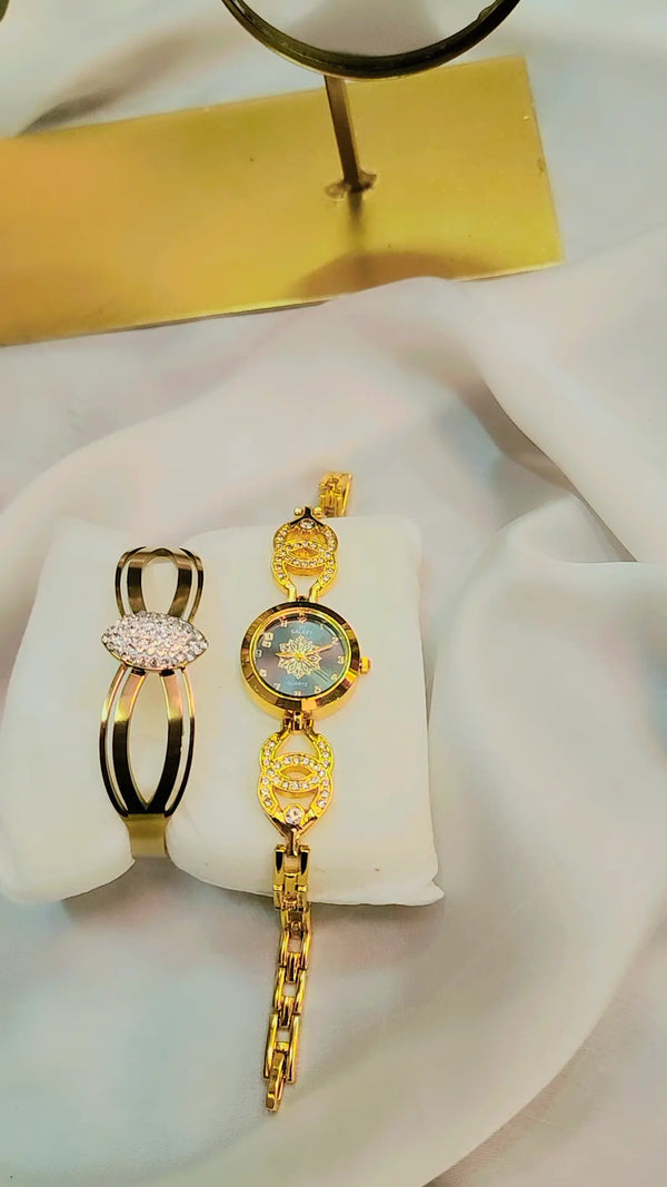 Luxury Gold Plated Ladies Watch with Stone Bracelet Set