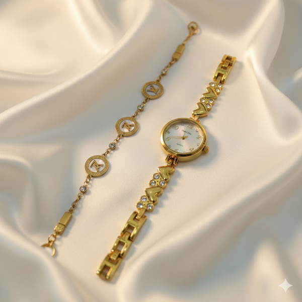 Gold Quartz Watch with Crystal Accents and Matching Louis Vuitton-Inspired Bracelet